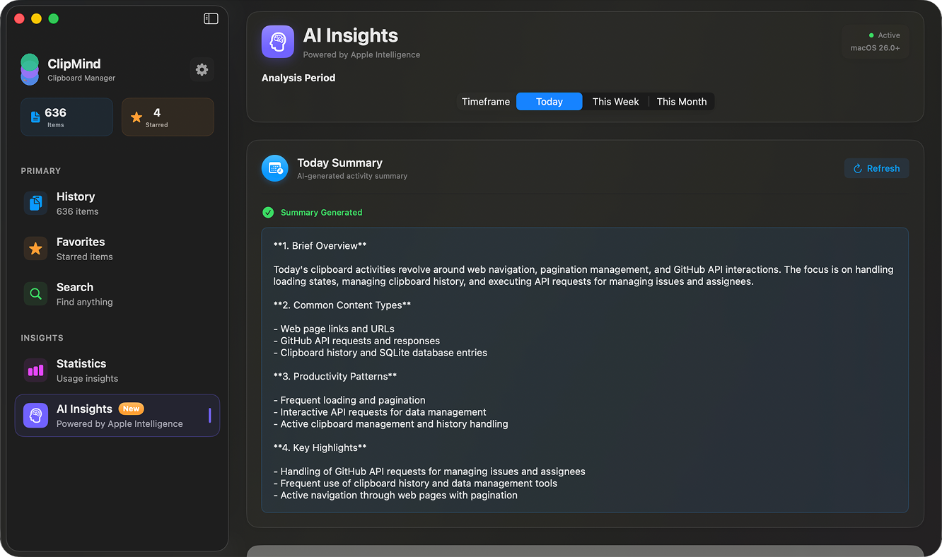 ClipMind AI daily summary interface