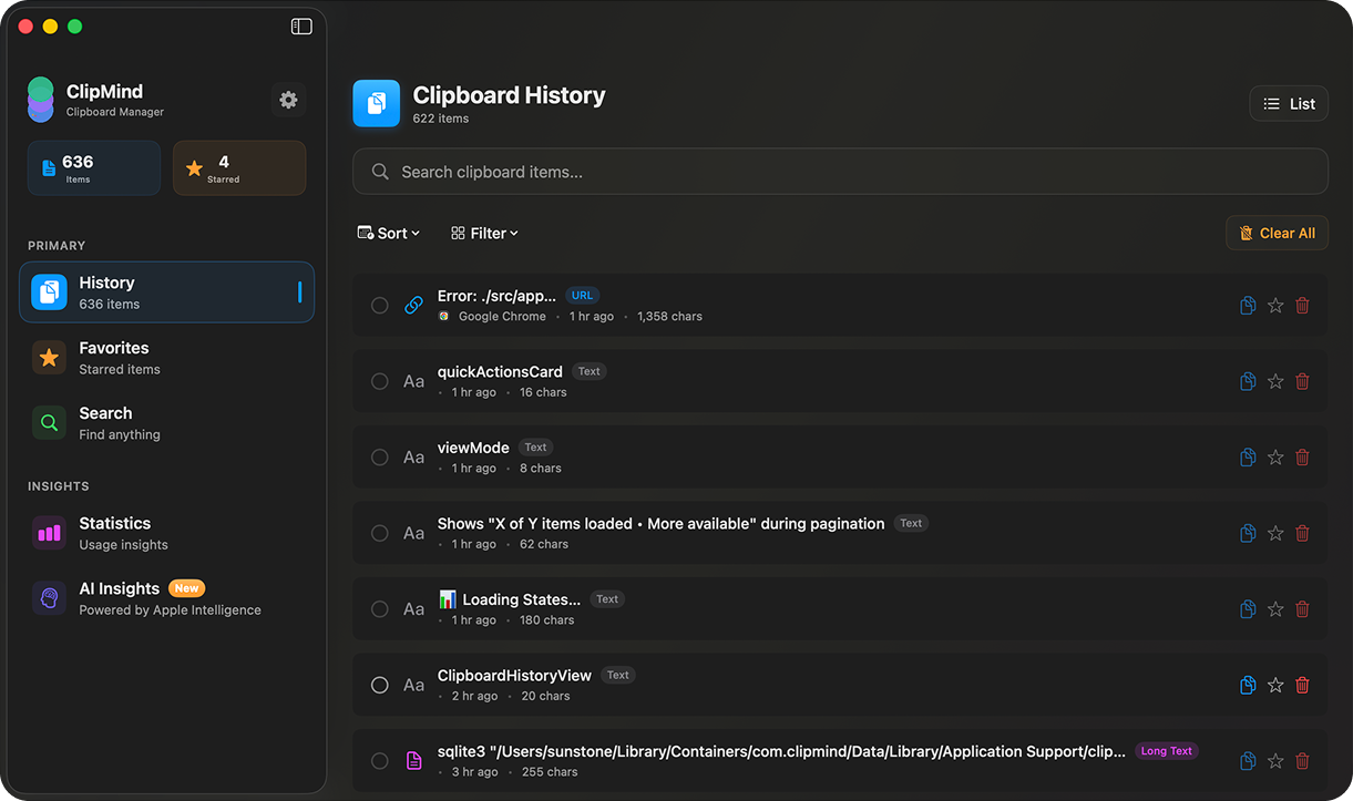 ClipMind app history view interface