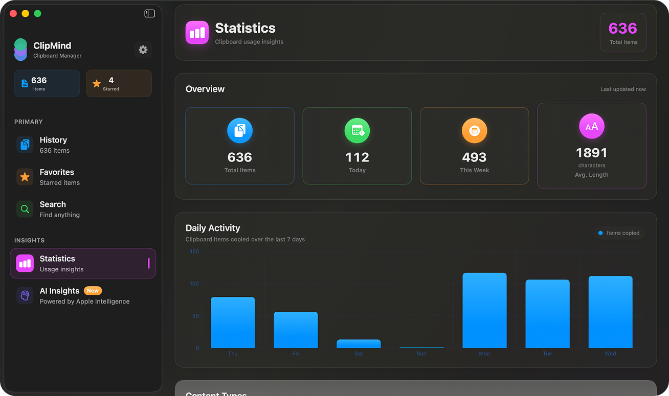 ClipMind statistics and analytics dashboard